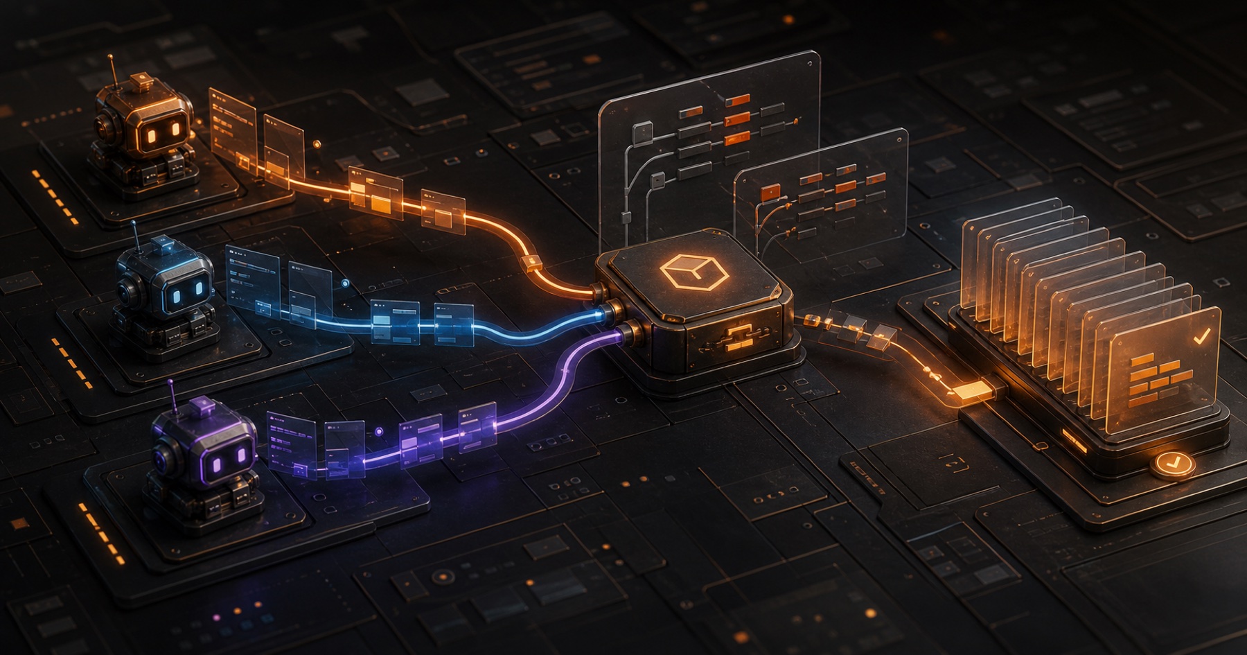 Abstract routing visual showing product design and agent paths converging into one local workspace