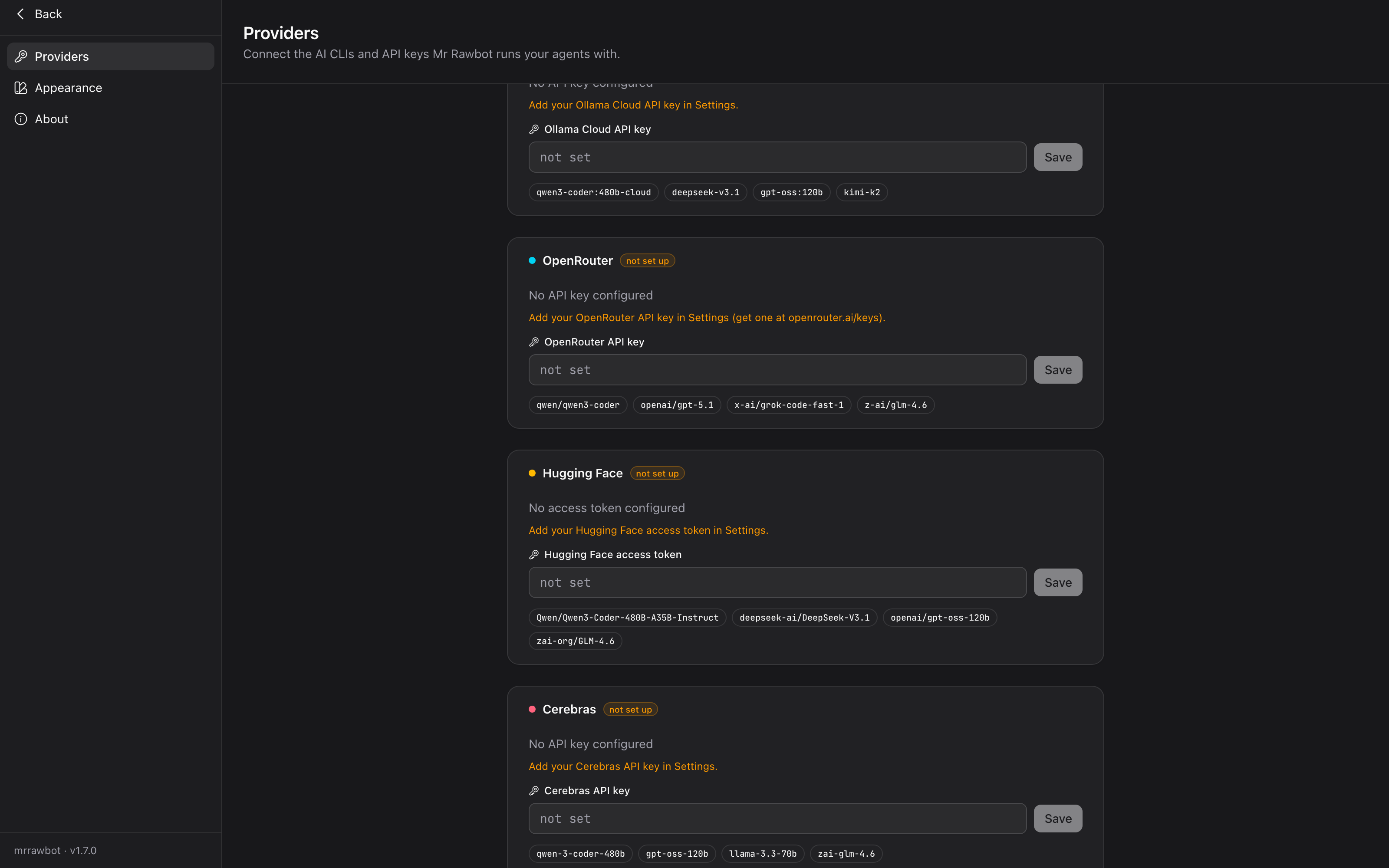 Settings dialog showing provider configuration with auto-detected CLI paths and available models
